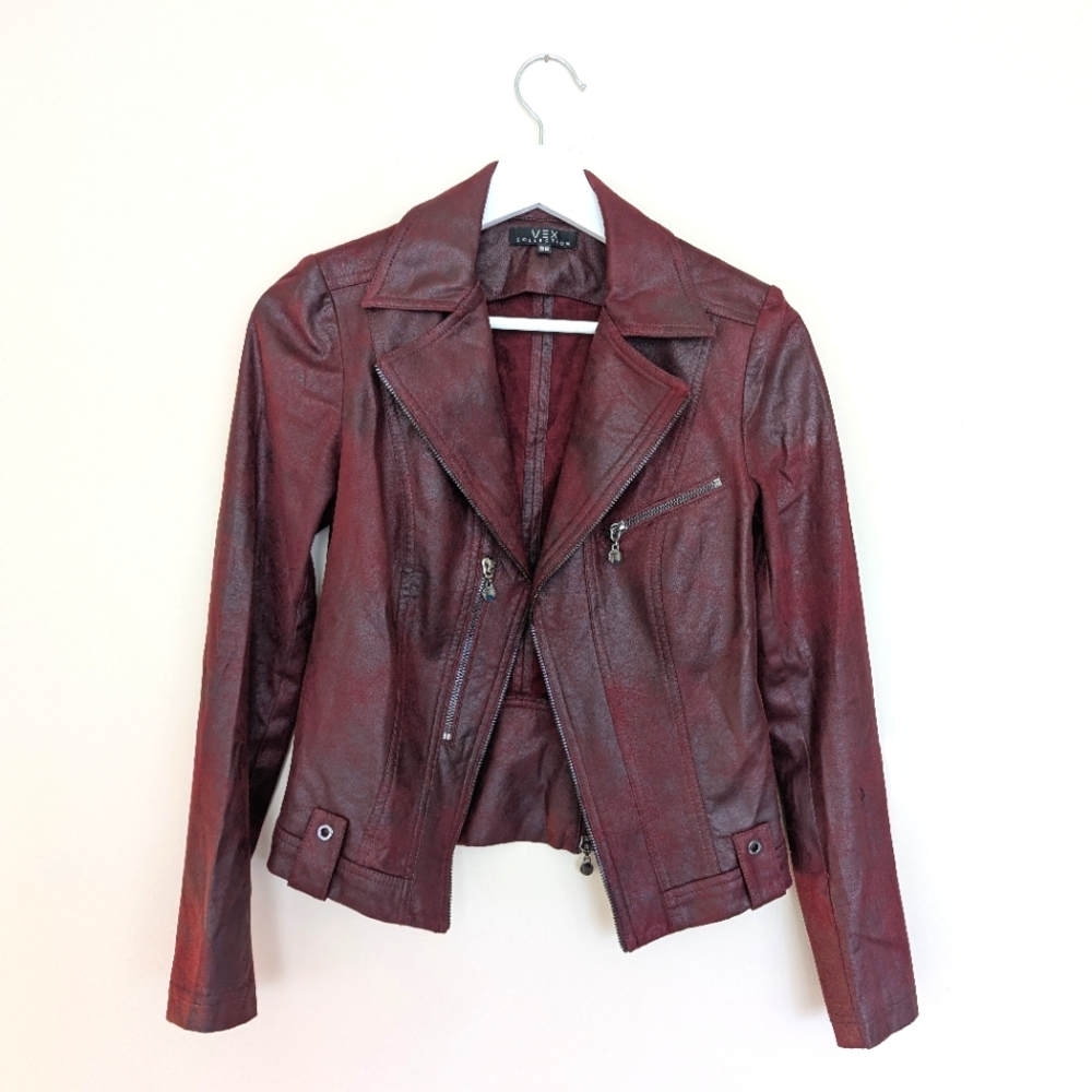 Soft Faux Suede Burgundy Leather Moto Jacket
